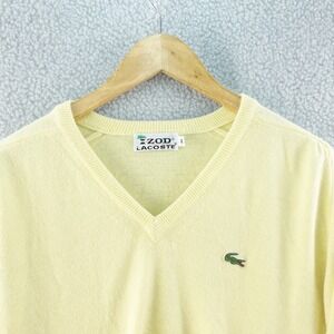 Vintage IZOD Lacoste 80s Mens M V-Neck Sweater Long Sleeve Pale Yellow Classic